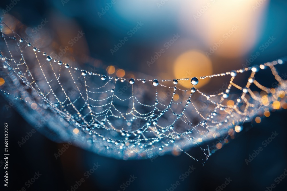 Poster intricate spiderweb adorned with water droplets glistening in soft light against an abstract backgro