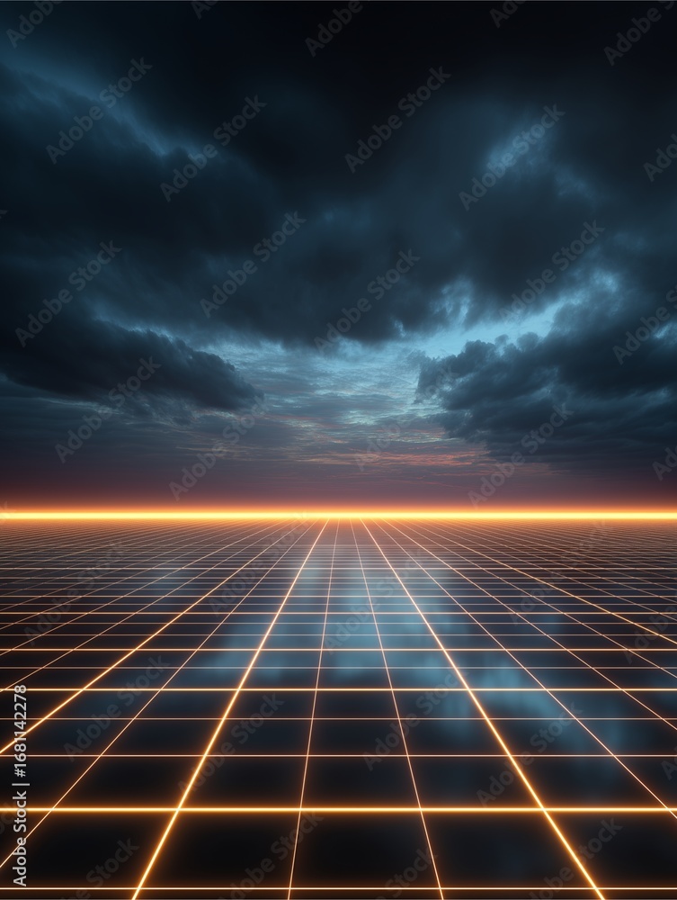 Poster grid horizon: abstract depiction of an endless horizon with a grid pattern and a dramatic, stormy sk