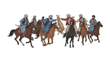 Equestrian Pursuits: An illustration of figures on horseback engage in a traditional equestrian pursuit, full of historical detail and cultural significance.
