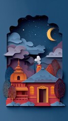 Paper Cutout Illustration of a Cozy House Under a Starry Night Sky with Crescent Moon