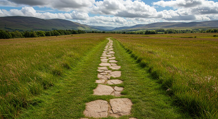 Serene stone path winds through lush green meadow towards distant rolling hills under a dramatic sky