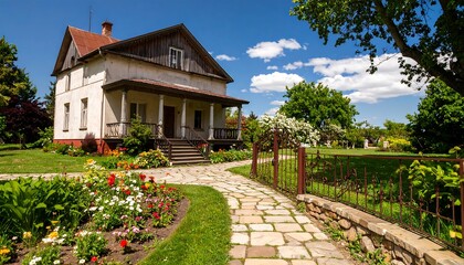 Fototapeta premium Quaint house with colorful garden path