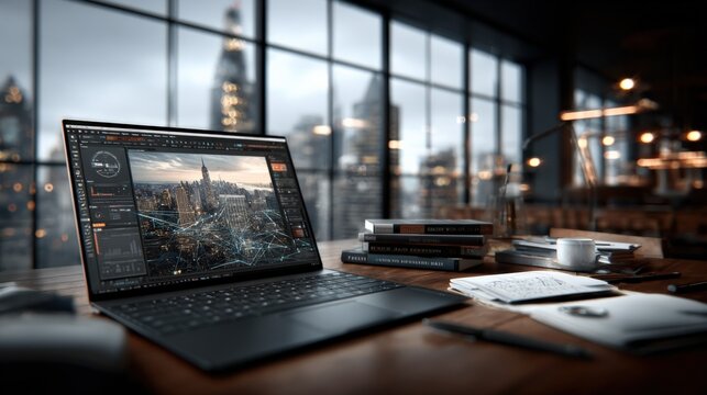 Laptop Displaying Photo Editing Software in a Modern Office with a Cityscape View, Professional Workspace - Powered by Adobe
