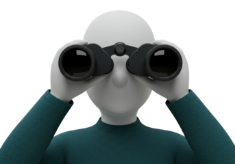 Isolated stickman is looking through binoculars to observe something important or distant