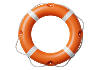 Isolated orange lifebuoy with rope and white stripes for emergency and safety at sea