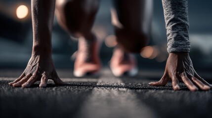 Athlete Ready to Sprint: Close-Up of Hands on Track Before Race Start