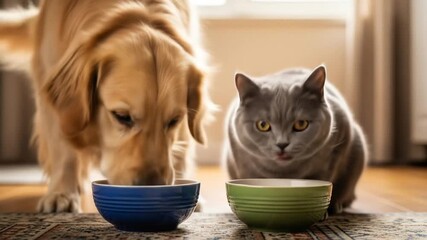 Domestic harmony as a friendly golden retriever dog and a gray cat eat side by side in a cozy home setting