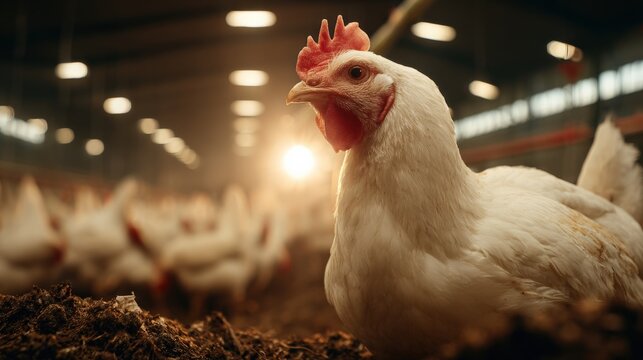 Broiler Chickens in Modern Poultry Farm, White Feathered Hens Raised Indoors for Meat Production and Consumption