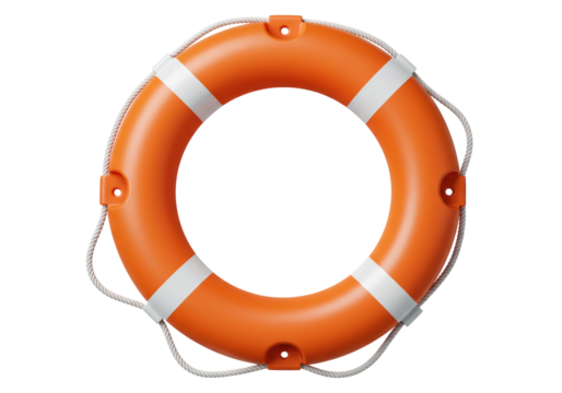 Isolated orange lifebuoy with rope and white stripes for emergency and safety at sea