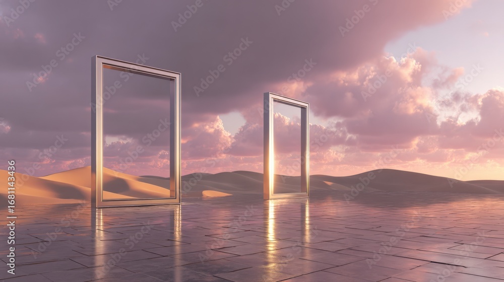 Poster surreal landscape with metallic frames reflecting a pastel sky, evoking concepts of transition and i
