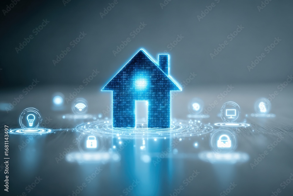 Poster smart home technology: digital house icon with connected devices representing automation and modern 
