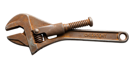 Rusty adjustable wrench isolated on transparent background