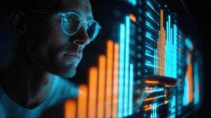 Focused Businessman Analyzing Financial Data on Holographic Display, Making Investment Decisions with Advanced Technology