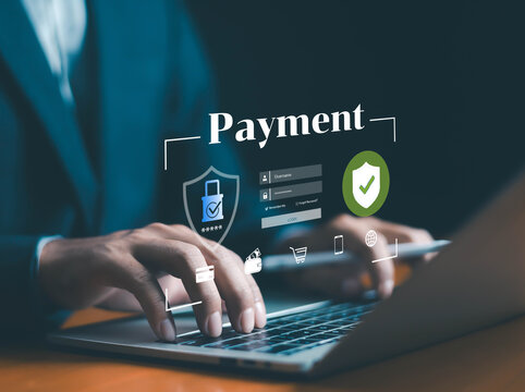 Businessman using laptop with secure payment interface, symbolizing online banking, financial transaction, e-commerce, digital wallet, cybersecurity, secure checkout, and safe online payment system.