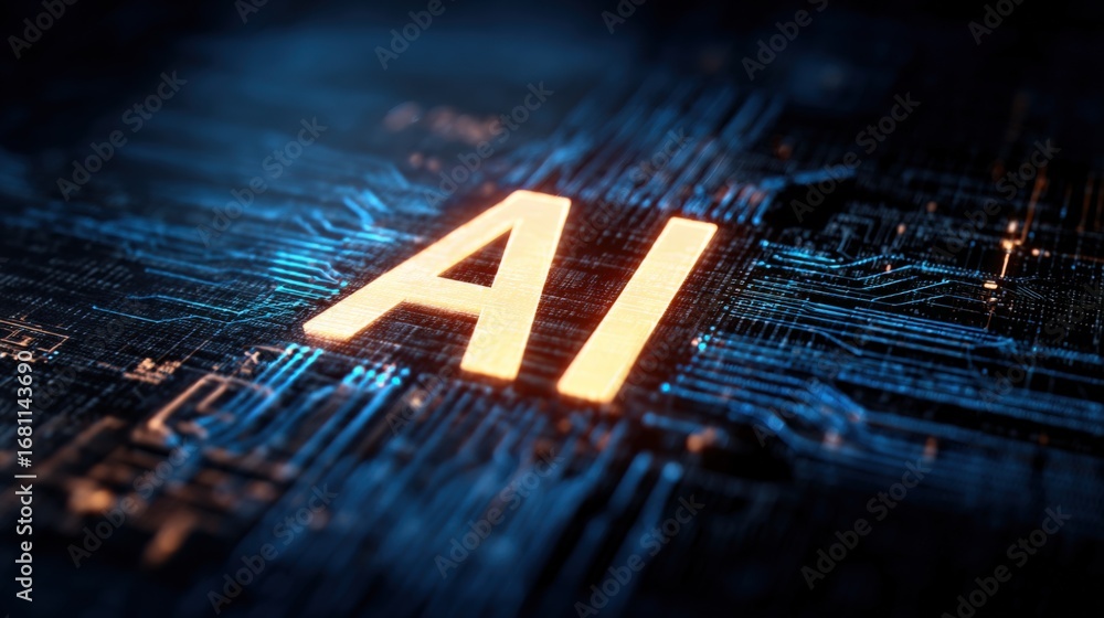 Poster artificial intelligence futuristic microchip design, data processing, ai learning, digital network, 