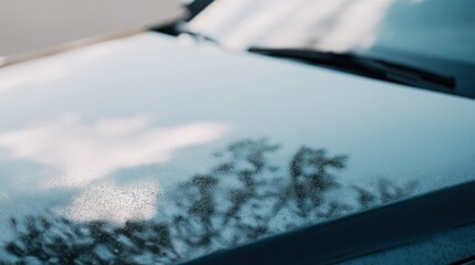 Reflective Car Hood with Tree Silhouette and Sky Reflection Showcasing Automotive Design and Surface Quality
