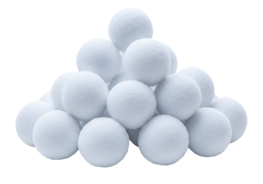 A pyramid-shaped collection of many small, textured, white snowballs against a black background.