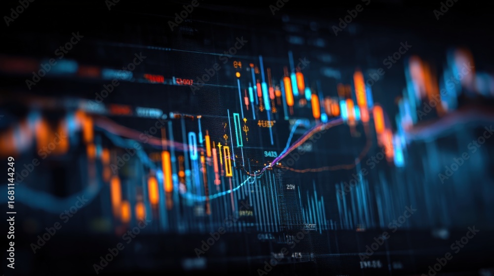 Poster stock market data visualization with price charts and trading indicators on a dark background