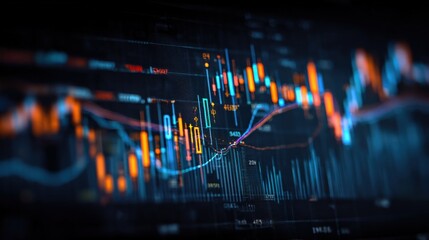 Stock Market Data Visualization with Price Charts and Trading Indicators on a Dark Background