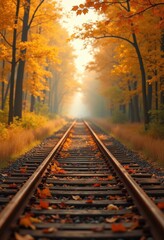 Fototapeta premium rusty train tracks cutting through vibrant golden autumn leaves capturing beauty fall, landscape, railway, pathway, forest, scenery, sunset, twilight