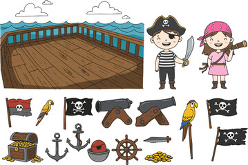 Pirate Kids with Treasure, Parrot, and Ship in Doodle Cartoon Style. International Talk Like a Pirate Day