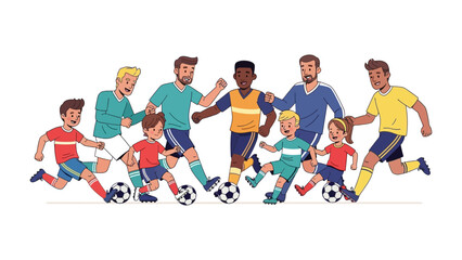 Soccer Players Action: Diverse group of adult and child soccer players in action, running with balls, dynamic poses, teamwork, energetic, illustration.