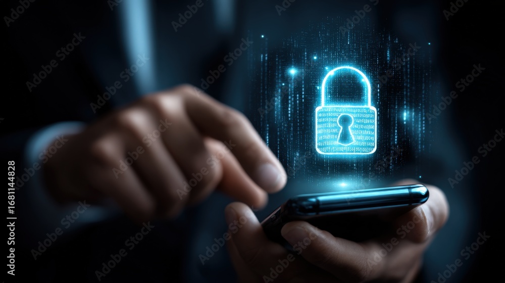 Poster data security: man using smartphone with lock illustration, internet security and data privacy conce