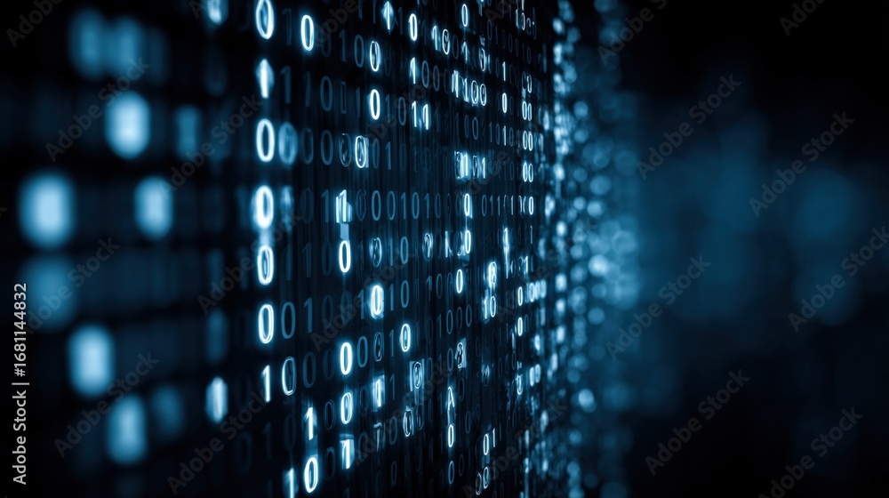 Poster abstract binary code background: data stream visualization for technology, cybersecurity, and artifi