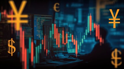 Stock Market Trading Chart with Currency Symbols Overlay, Investment and Finance Technology Concept