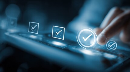 Digital Checklist Completion: Finger Tapping Virtual Checkbox for Task Management and Approval on Interactive Screen