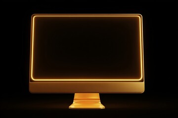 Golden glowing computer monitor with futuristic neon light effect on black background, technology and digital display concept. 