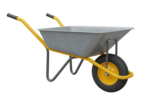 Isolated garden wheelbarrow with yellow frame and gray tub, for outdoor heavy-duty use