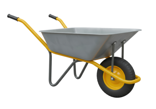 Isolated garden wheelbarrow with yellow frame and gray tub, for outdoor heavy-duty use