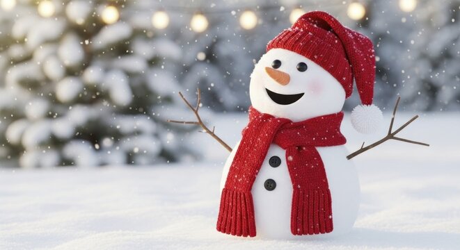 Happy Snowman in and Scarf Amidst Falling Snow and Blurred Christmas Lights
