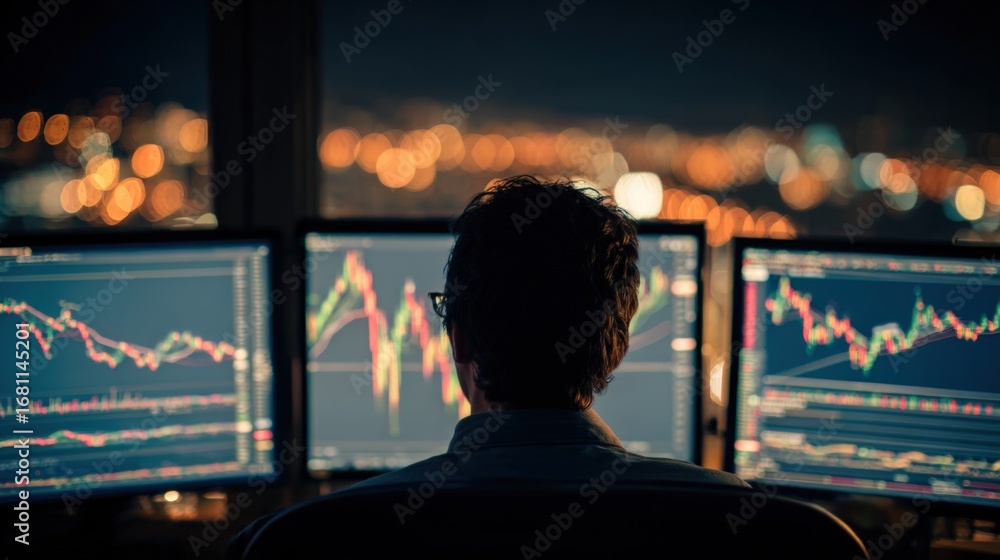 Aufkleber financial trader analyzing stock market data on multiple computer screens at night in office