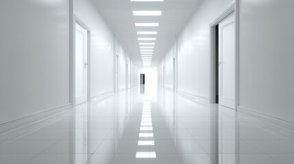 Brightly Lit Modern White Hallway with Doors and Shiny Tiled Floor, Architecture and Interior Design