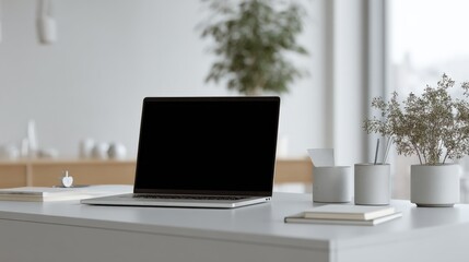 Fototapeta premium Minimalist workspace featuring laptop with black screen, plants and stationery on white desk in bright office