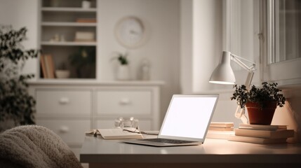 Cozy Home Office Setup with Laptop and Natural Light for Remote Work and Study