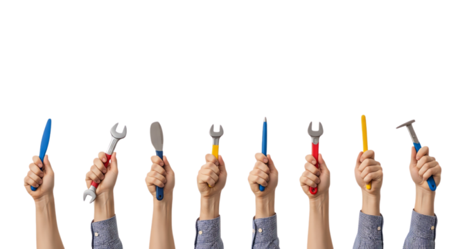 Hands holding tools isolated on transparent background