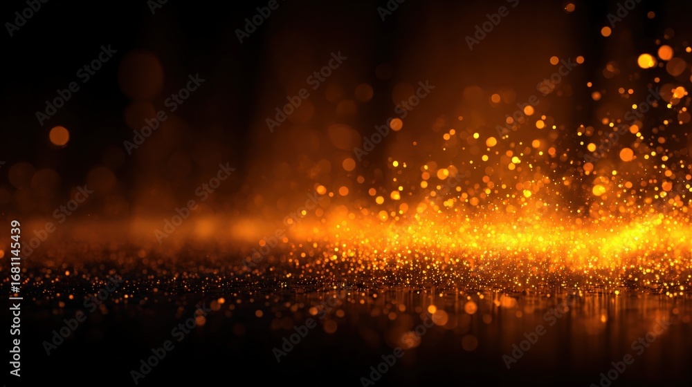 Poster abstract golden glitter sparkles on a dark background, creating a dynamic and magical effect, suitab
