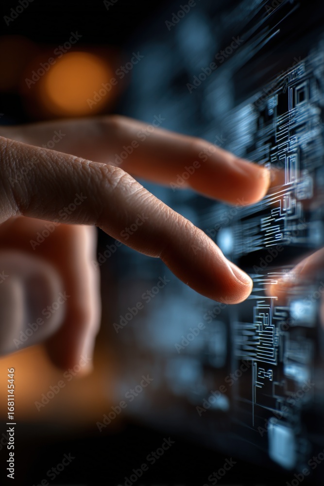 Poster human finger touching advanced technology interface with intricate circuitry and data flow, showcasi