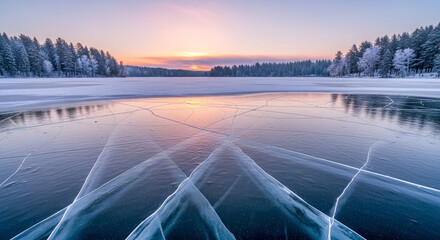 Breathtaking winter landscape of a frozen lake with geometric ice cracks reflecting the colorful sunset