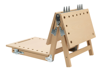 A lightweight, foldable work station constructed of light wood and featuring adjustable metal hinges and mounting holes.