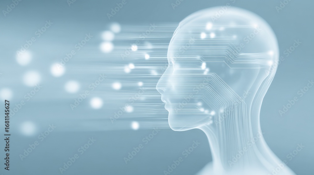 Aufkleber artificial intelligence concept: humanoid head with digital brain, data streams and neural network c