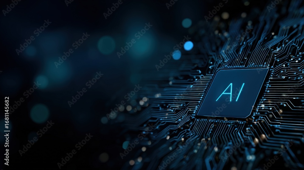 Poster artificial intelligence chip with circuit board, technology concept image for digital transformation