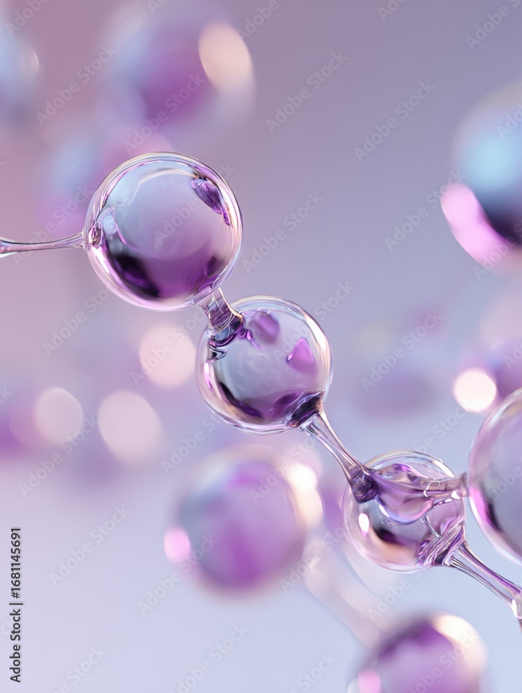 Poster abstract molecular structure with spherical elements and transparent connections on a light purple g