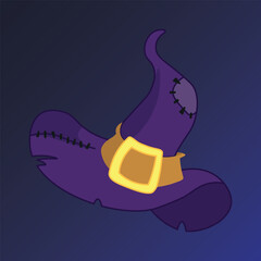 Illustration of a witch's hat. This image shows a black illustration of a witch's hat with curved brims and a pointed top, symbolizing magic and Halloween themes. Vector illustration in cartoon style.