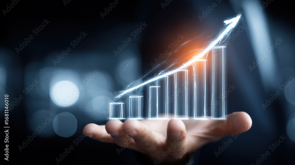 Poster growth graph over hand: business success visualization with ascending arrow and bars on dark backdro