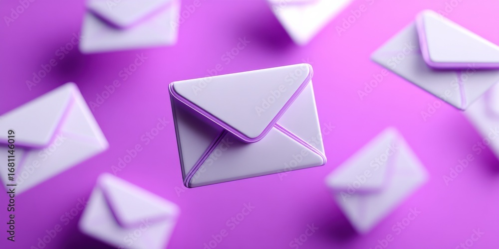 Aufkleber email communication concept: floating envelopes on purple background depicting digital correspondenc