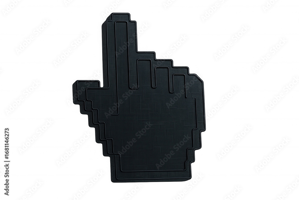 Poster black pixelated hand cursor pointing upwards, 3d rendering, transparent background representing digi